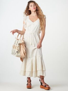 CLEOBELLA Organic Cotton White Eyelet Maxi Dress Flutter Sleeve Boho L
